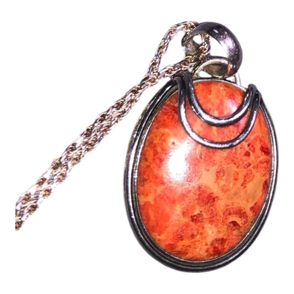 Vintage 925 Sterling Silver Orange Oval Agate Pendant on 22” Rope Chain Necklace